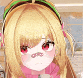 a close up of a girl with a hamburger on her head making a face