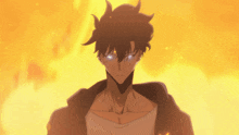 a man with glowing blue eyes is standing in front of a fire