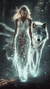 a woman with blue eyes is walking with a wolf