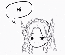 a drawing of a girl with a speech bubble saying hi