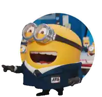 a yellow minion wearing a blue suit and goggles with avl written on his chest
