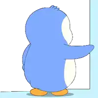 a blue and white penguin is standing next to a white wall