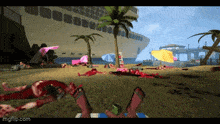 a screenshot of a video game shows a beach scene with a ship in the background
