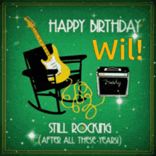 a green birthday card with a rocking chair and a guitar