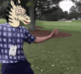 a man wearing a plaid shirt and a zebra head is standing in a grassy field .