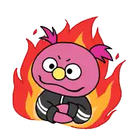a cartoon character is sitting in front of a flaming background