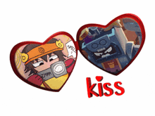 two hearts with cartoon characters on them and the word kiss below them