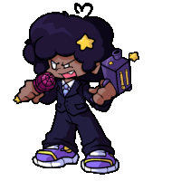 a cartoon character in a suit and tie is holding a microphone .