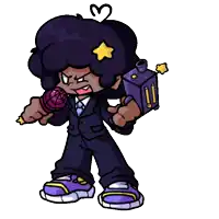 a cartoon character in a suit and tie is holding a microphone .