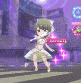 a girl in a white dress stands in front of a sign that reads perfect