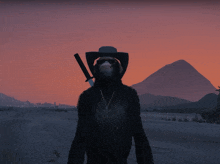 a man wearing a cowboy hat and sunglasses is holding a sword