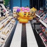 a group of cartoon chickens are standing in a store with a sign that says emoji collection