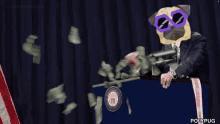 a pug wearing sunglasses is standing at a podium with money falling from the sky