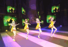 a group of anime girls are dancing in front of a sign that says n.