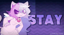 a cartoon of a cat with the word stay behind her