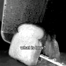 a black and white photo of a slice of bread being toasted with the words `` what is love '' written on it .