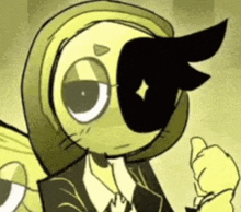a cartoon character with a magnifying glass on his face and a black wing .