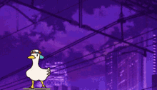 a cartoon duck wearing headphones and a hat is walking in front of a purple sky