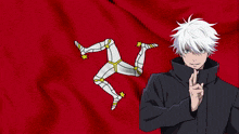 a man with white hair is standing in front of a red flag with a symbol on it