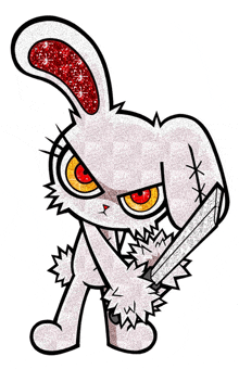 a drawing of a bunny with red eyes holding a knife