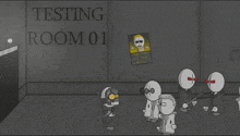 a group of cartoon characters are in a room with testing room 01 on the wall