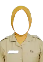 a woman wearing a yellow hijab and a tan uniform has a name tag on her chest