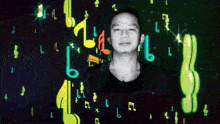 a man stands in front of a display of music notes including the letter l