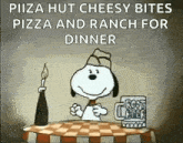 snoopy is sitting at a table with a bottle of wine and a mug of beer .