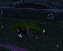 a person is laying on their back in front of a car