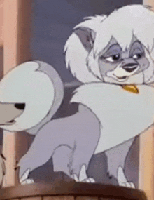 a cartoon dog with white hair is standing on a wooden barrel .