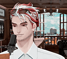 a man with red and white hair stands in front of a microphone in a room with a sign that says old