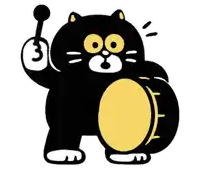 a black cat with yellow eyes is holding a drum and a stick .