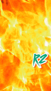 an orange background with a green r2 logo on it