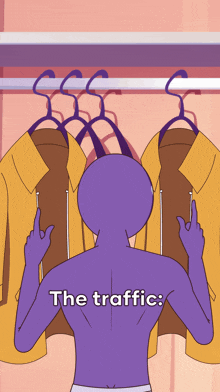 a purple figure is standing in front of a closet full of clothes with the words the traffic written on his back
