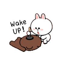 a cartoon of a brown bear and a white rabbit that says wake up
