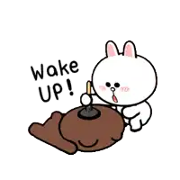 a cartoon of a brown bear and a white rabbit that says wake up