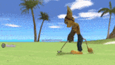 a cartoon character is playing a game of golf