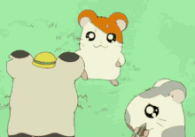 three cartoon hamsters are standing in the grass and one is wearing a yellow hat .