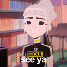a cartoon girl is wearing a shirt that says " seoul see ya "