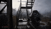 a person is holding a gun in a video game and looking at a staircase .