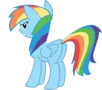 a pony with a rainbow mane and tail is standing on a white background