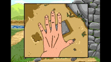 a pixel art drawing of a hand reaching for a rock