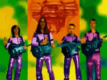 a group of men are playing guitars in front of a colorful background