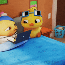 two cartoon ducks are sitting on a bed with a laptop