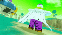 a cartoon character in purple shorts and a white jacket
