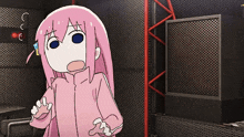 a cartoon girl with pink hair is standing in a dark room