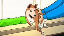 a cartoon drawing of a person petting a brown and white dog