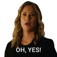 a woman in a black shirt says " oh yes "