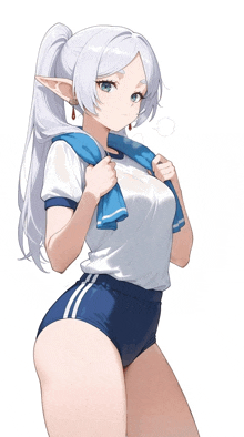 a girl with white hair and blue shorts is holding a towel over her shoulder