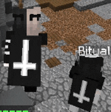a minecraft character with a cross on his chest is standing next to another character with a cross on their chest